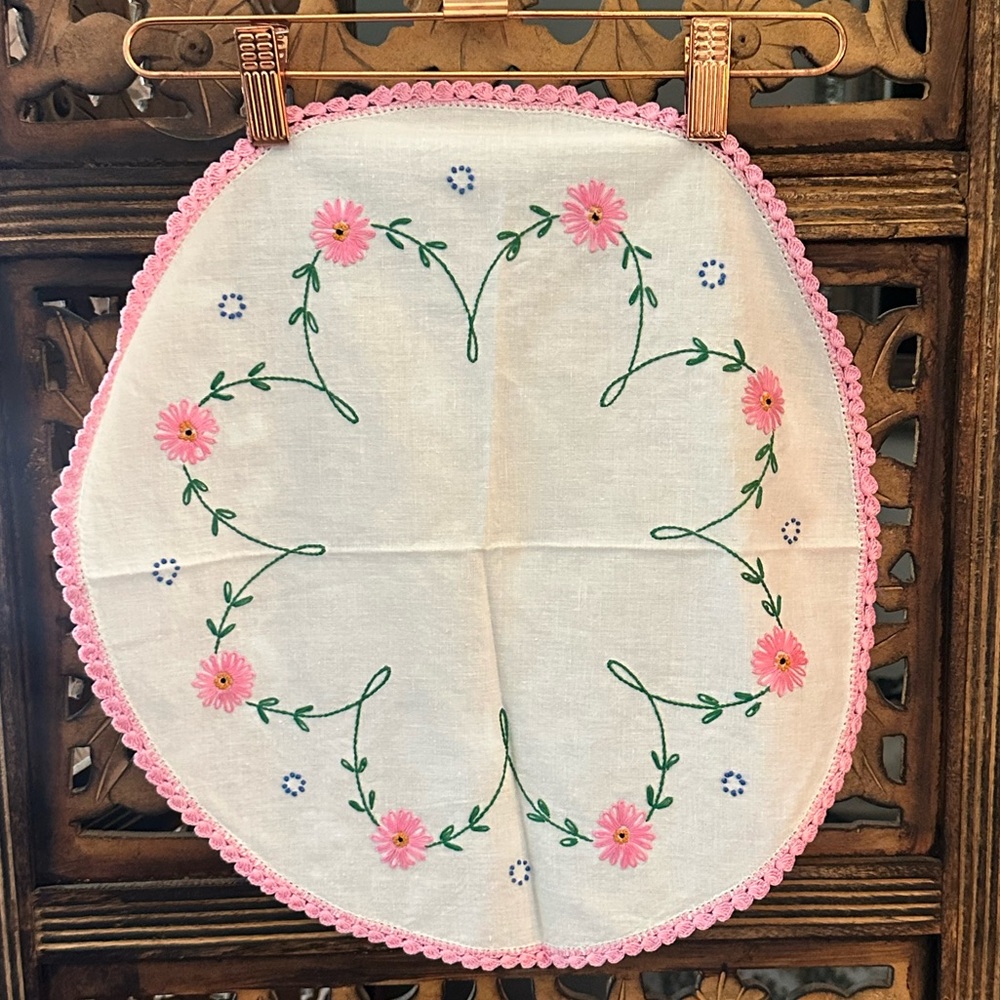 Handmade Vintage Pink & Green Crocheted Floral Embroidered 16” Round Doily.